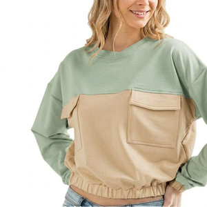 Women Color Blocked Oversized Crew Neck Sweatshirt With Pockets Long Sleeve Knitted Cotton Autumn Wear For Women - Product Image 6