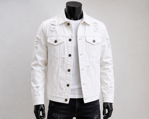 KP INTERNATIONAL <b>Men's</b> <b>White</b> Denim <b>Jacket</b> Regular Fit Frayed Distressed Turn-down Collar Casual Spring Style - Product Image 3