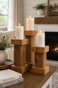 Ensemble de porte-bougies rustiques en chêne, base carrée, finition naturelle, décoration d'intérieur, porte-bougies en bois - Product Image 5
