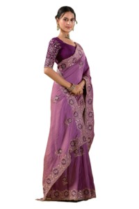 Sari en soie de mousseline violette avec motif floral brodé, sari indien traditionnel pour mariage, pour femmes, longueur standard, toutes saisons - Product Image 2