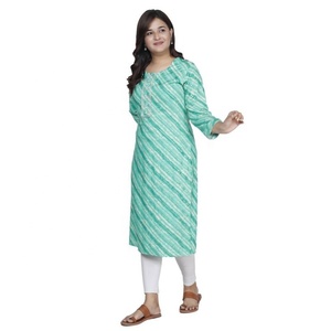 Indian Pakistani Clothing Loose Fit <b>Women</b> Embroidered Leheriya Rayon Vintage <b>Kurta</b> with Three Fourth Sleeves - Product Image 1