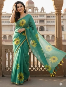 Sari en lin tissé à la main à imprimé floral pour femmes KV (vert) - Product Image 5