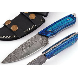 Cuchillo de Caza de Acero de Damasco de 10 Pulgadas al por Mayor, con Logotipo Personalizado Gratuito, Hoja Fija, para Acampar al Aire Libre, con Funda de Cuero, OEM - Product Image 1