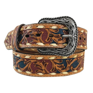 Men's Western <b>Leather</b> <b>Tooling</b> Belt Hand Carved and Hand Painted Floral Embossed with Lacing <b>Tooled</b> <b>Leather</b> Belt - Product Image 6