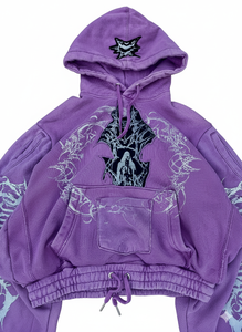 Hoodie court imprimé gothique Y2K personnalisé en molleton de coton épais violet pour homme, style streetwear - Product Image 3