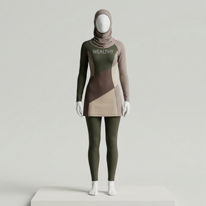 Traje de Baño Burkini para Mujer con Bloques de Color, Manga Larga, Cuello con Volantes, Cobertura Completa, Elástico, Secado Rápido, Spandex/Nylon, Impermeable - Product Image 2