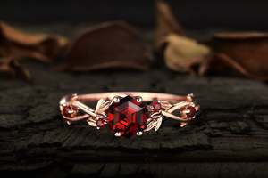 Anillo vintage hexagonal de granate, plata de ley 925, chapado en oro rosa de 14k, diseño de hoja y rama, anillo de promesa para mujer - Product Image 3