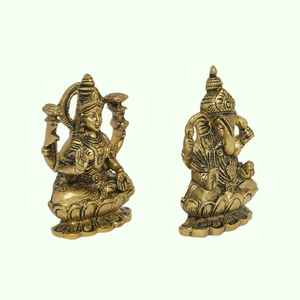 Conjunto de Ídolos de Latón de Lakshmi y Ganesha Sentados sobre una Base de Loto, Estatuas Espirituales de Divinitades Hindúes para Diwali, Pooja y la Abundancia - Product Image 2