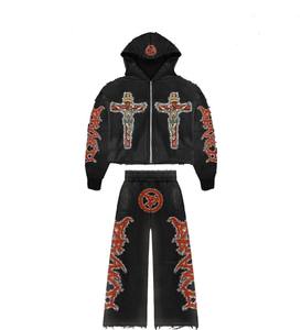 ชุดเสื้อยืดสตรีทแวร์สไตล์วินเทจแบบทำสีซีด  คุณภาพสูง ผ้าฝ้าย 100%  ลายกราฟิก  แบบครอป  พร้อมกางเกงขายาวสำหรับผู้ชาย - Product Image 2