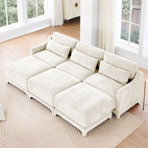 Divano a Tre Posti in Tessuto Chenille di Alta Qualità con 3 Pouf Mobili, Cuscino Lombare, Design Ergonomico e Base in Legno per Soggiorno - Product Image 3