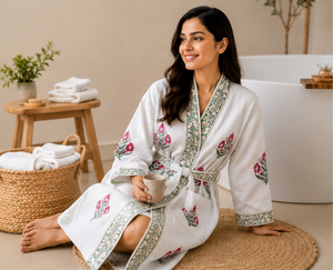 Peignoir midi élégant 100% Coton, imprimé floral au bloc, respirant, brodé, tricoté, décontracté, pour le printemps et l'été, vêtement d'intérieur, taille naturelle - Product Image 5