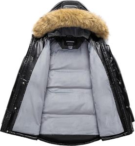 Veste matelassée noire brillante pour homme, long manteau à capuche avec bordure en fourrure, épaisse, coupe-vent, pour l'hiver - Product Image 6