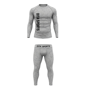 Ensemble de vêtements de sport pour homme, gris clair, manches longues et leggings, compression, fitness, entraînement, gym, athlétique - Product Image 1