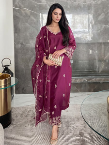 Maroon Rayon Ankle-Length <b>Kurta</b> Set Embroidered Neckline Dupatta Loose Fit Traditional Indian Pakistani <b>Women</b> Party Wear Diwali - Product Image 1