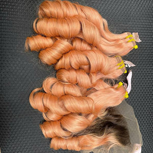 Expédition rapide, mèches de cheveux bouclés de couleur pêche avec fermeture, super double trame, cheveux vierges vietnamiens bruts, cheveux de luxe - Product Image 1