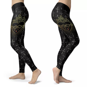 High Waist Full Length Yoga <b>Leggings</b> With Custom Pattern And Sacred Heart Design <b>Black</b> Spandex Polyester Four-Way Stretch Pants - Product Image 2