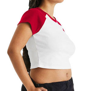 T-shirt court tendance pour femme à manches courtes et col rond, coupe ajustée en mélange de coton, basique pour le quotidien - Product Image 1