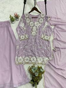 Salwar Kameez traditionnel rose brodé pour femmes, coupe ample, longueur midi, en coton, tenue de mariage, style Inde Pakistan - Product Image 2
