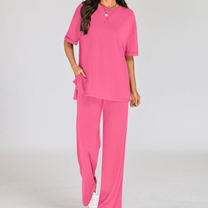 Ensemble 2 pièces d'été pour femme : T-shirt et pantalon évasé à jambes larges – Personnalisez votre logo de marque - Product Image 4