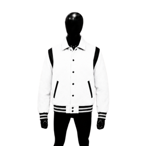 CLASSIC WHITE LETTERMAN VARSITY <b>JACKET</b> FOR MEN'S <b>Fleece</b> <b>Lined</b> Turn-down Collar Casual Autumn Wear SNAP BUTTON PREMIUM QUALITY CL - Product Image 1