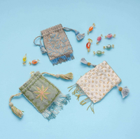 KOTAK DOMPET KAIN LINEN BUATAN TANGAN DENGAN HIASAN BUNGA, TALI SERUT, BORDRAN, Rumbai, MANIK-MANIK, UNTUK UANG KEMBALI/PERMEN, BERGAYA SENI INDIA YANG EKZOTIS