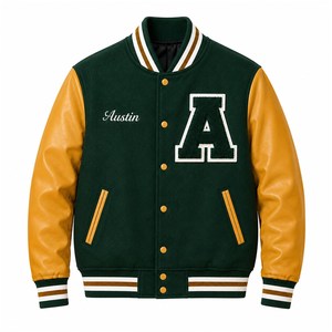 Chaqueta Varsity Verde para Hombre con Mangas Amarillas de PU, Logotipo Bordado en la Parte Delantera, Corte Regular, Cuello Camisero, para Otoño - Product Image 1