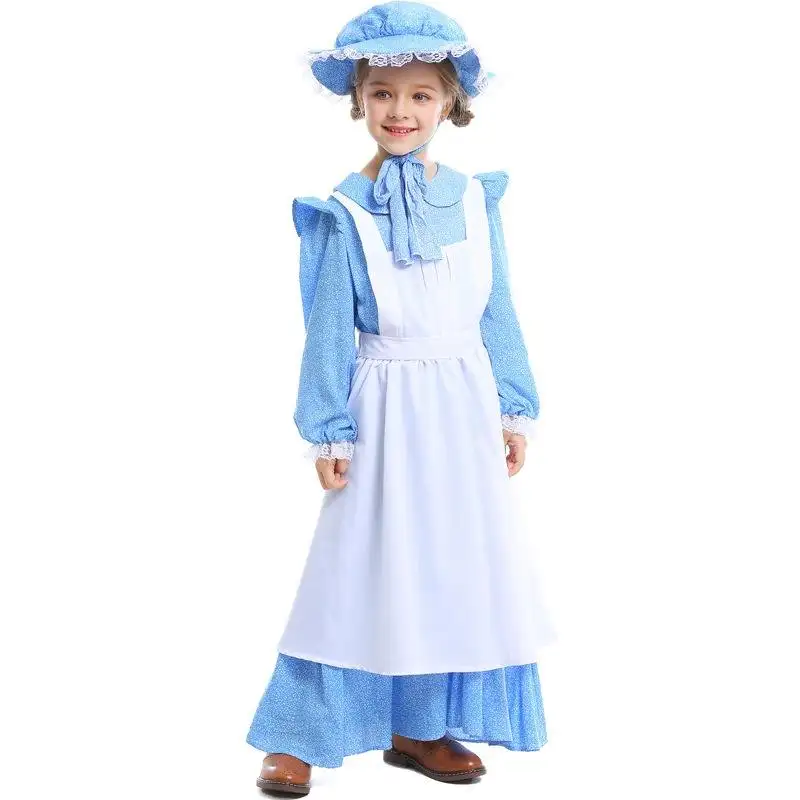 Colonial Prairie Dress Pioneer Girl Disfraz Carnaval Halloween Azul Vestido de manga larga Niños Lolita Maid Costume