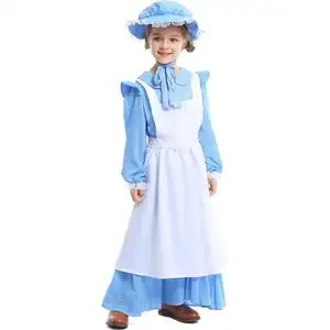 औपनिवेशिक घास के मैदान की पोशाक अग्रणी लड़की पोशाक कार्निवल हेलोवीन नीली लंबी बांह की पोशाक बच्चों की लोलिता नौकरानी पोशाक