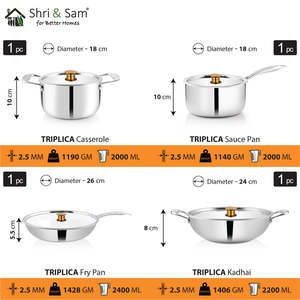 Batterie de cuisine familiale en acier inoxydable Triply Premium 4 PCS Premium Triplica Kitchen Essentials - Product Image 2