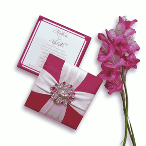 Duallush Designs Luxury Raspberry Pink Silk <b>Wedding</b> Invitation <b>Box</b> Cross Satin Ribbon Crystal Brooch Matching <b>Card</b> Chocolate - Product Image 2