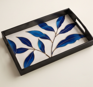 Plateau de service moderne en émail à motif de feuilles bleues, assiette en métal avec poignées uniques, décoration esthétique pour la maison, centre de table, vaisselle - Product Image 4