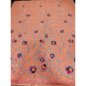 Tissu en tulle de luxe pêche, lourdement perlé, broderie florale 3D faite à la main, dentelle pour robe de bal haute couture, matière pour robe de mariée - Product Image 1