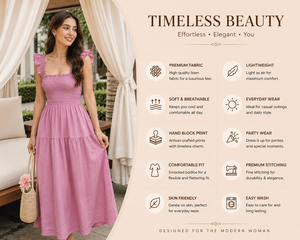 Robe mi-longue décontractée en coton coupe trapèze pour la plage - Élégante robe rose à corsage smocké, bretelles volantées et détails en dentelle pour les vacances d'été - Product Image 2