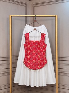 Women Traditional White Red Embroidered Crepe <b>Top</b> With White Palazzo Set Floral Pattern Casual Wear Spring Summer India Pakistan - Product Image 4