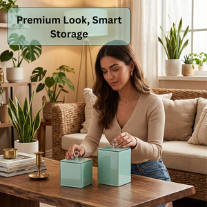 Juego de Cajas de Almacenamiento de Vidrio Verde Menta Modernas con Tapa de Cristal y Asa |   Organizador de tocador decorativo de lujo para joyas, maquillaje y algodón - Product Image 3