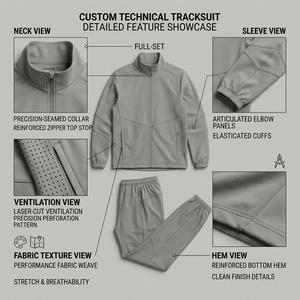 Ensemble de survêtement unisexe gris, col montant zippé, couleur unie, respirant, 100% coton, coupe classique, hiver, imprimé délavé à l'acide - Product Image 6