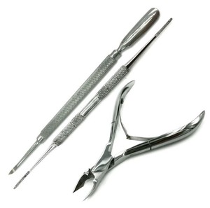 Juego de 3 instrumentos de podología: Cortacutículas de mandíbula completa de 4.5 pulgadas, Empujador de cutículas con forma de cuchara y Lima de uñas de doble cara - Product Image 1