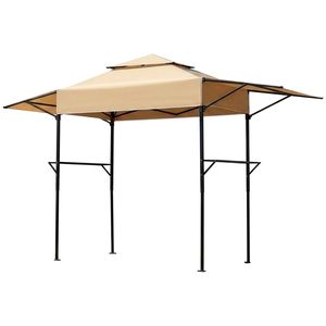 Khaki Polyester 3.3x12.5FT Double Top <b>Grill</b> Gazebo Adjustable Side Sunshades Black Powder Coated Folding Frame for Villa <b>BBQ</b> - Product Image 3