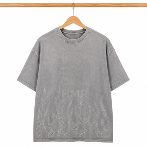 HMR Brotherhood OEM ODM Men's Vintage Grey Rhinestone <b>Flame</b> T <b>Shirt</b> Premium Cotton Oversized Streetwear Tee - Product Image 5
