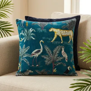 Teal <b>Blue</b> Cotton Velvet Pillow home text Cover with Leopard Birds and Forest Print Luxury Decorative <b>Throw</b> Cushion Cover - Product Image 1