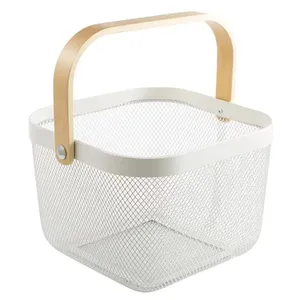 Metal <b>Mesh</b> Storage Basket With Wooden Handle White Colander <b>Strainer</b> Kitchen Organizer - Product Image 3
