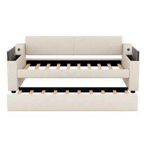 Divano letto beige a una piazza e mezza con braccioli contenitori e letto estraibile, design imbottito e porta USB (Vecchio SKU GX000547AAA) - Product Image 6