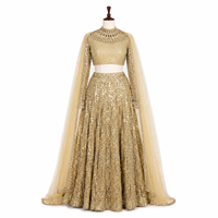 Lehenga Choli moderne drapé et pailleté doré pour femmes grandes tailles |   Dentelle de Mariée de Luxe |   Broderie de cristaux et de paillettes |   Écologique