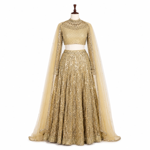 Womens Plus Size Modern Draped Golden Lehenga Choli | Luxury Bridal Lace | Crystal Embellished | Floor Length Line | Wedding - Product Image 2