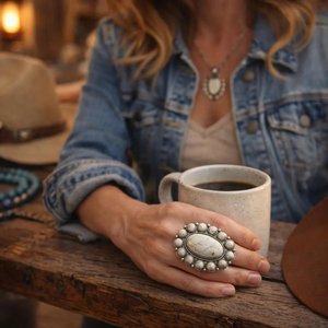 White Turquoise Statement <b>Ring</b> Western Cowgirl Oval <b>Adjustable</b> Silver Southwestern Jewelry for Women - Product Image 5