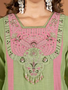 Green Pink Embroidered Silk Straight <b>Kurta</b> With Palazzo Pants And Dupatta For <b>Women</b> - Product Image 5