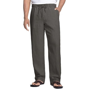 Pantalon décontracté pour homme 100 % lin, coupe droite, taille élastique avec cordon de serrage, poches latérales, respirant, léger, idéal pour l'été - Product Image 1