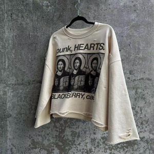 เสื้อสเวตเชิ้ตแฟชั่นใหม่ ผ้าคอตตอนเทอร์รี่ ทรงโอเวอร์ไซส์ พิมพ์ลาย DTG ไหล่ตก แต่งดีเทลขาดๆ แขนยาว ทรงบ็อกซี่ ตัดสั้น - Product Image 5