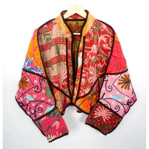 Eco-Friendly 100% Cotton Kantha Handmade Floral Printed Open <b>Jacket</b> Hand Quilted Detail Non Woven Knitted Process Spring Autumn - Product Image 1
