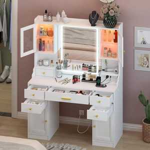 <span class=keywords><strong>Table</strong></span> <span class=keywords><strong>de</strong></span> toilette moderne en bois pour chambre à coucher avec éclairage RGB, 6 tiroirs, grand miroir, station <span class=keywords><strong>de</strong></span> charge et fonctions réglables - Product Image 1